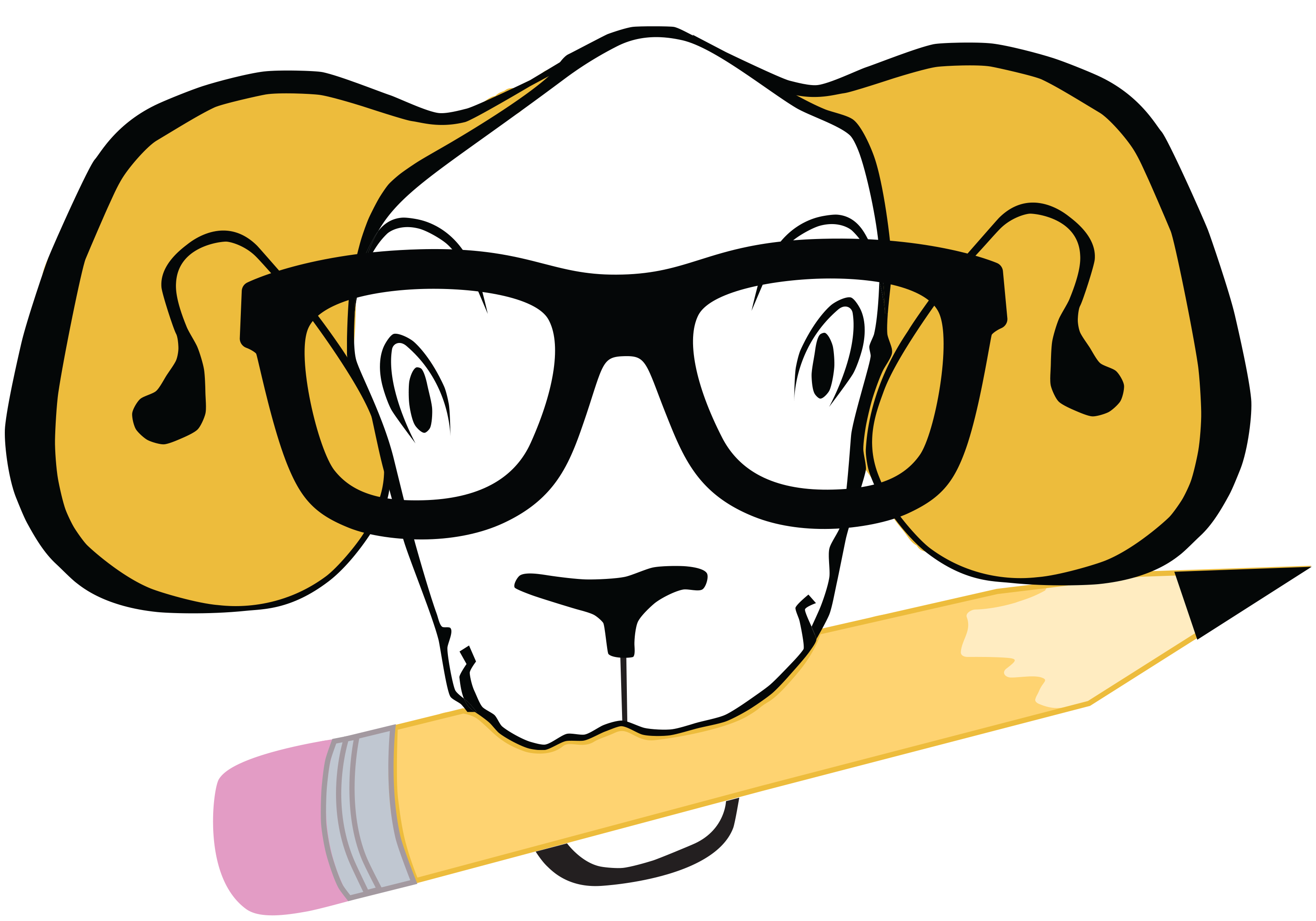 grinning cartoon Ramses with glasses and a pencil