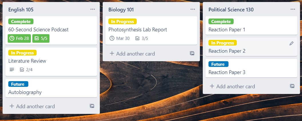 A screenshot of three different Trello lists labeled "ENGL 105," "Biology 101," and "Political Science 130 with different assignments under each label.