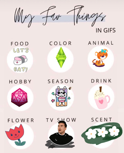 A screenshot of an Instagram post featuring the poster's favorite things (food, color, animal, hobby, season, drink, scent, etc.) in order to illustrate a pleasant distraction.