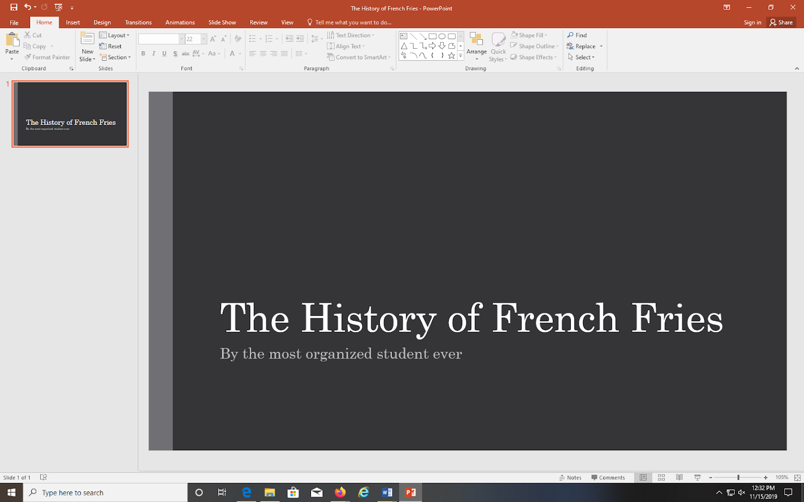 A PowerPoint slide titled The History of French Fries