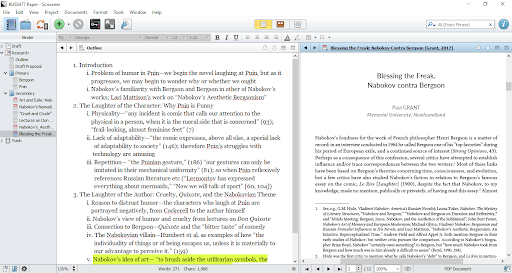 There are two documents visible side-by-side. On the left is a numbered outline and on the right is a peer-reviewed article.