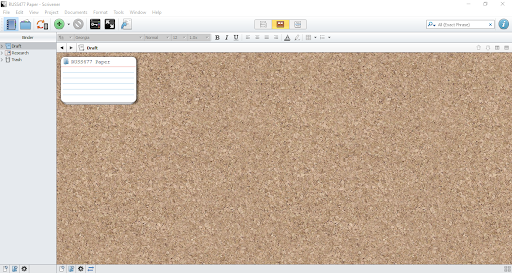 The Scrivener default view has all documents visible as index cards on a corkboard.