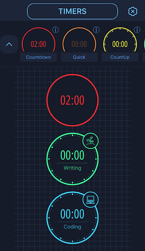A third timer sits above the "Writing" and "Coding" timers. At the top of the screen there are three options displayed: Countdown, Quick, and CountUp.