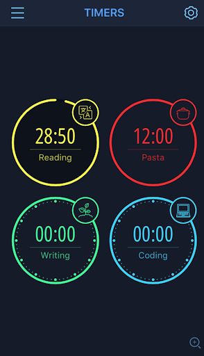 Four timers are displayed. The yellow "reading" timer in the top-left corner is counting down with 28 minutes, 50 seconds remaining. The red "Pasta" timer in the top-right corner is set to 12 minutes and has not been started. The green "Writing" timer in the bottom-left corner and the blue "Coding" timer in the bottom-right corner are both at 0 minutes.