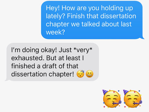 Texts between writer and a colleague about life in the PhD program and progress on the writer's dissertation chapter.