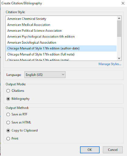 "Create Citation" reveals a list of citation styles and contains fields to select language, output mode, and output method.