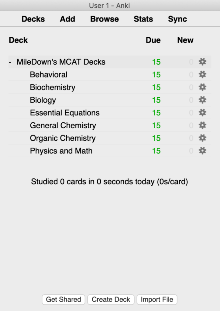Screenshot of Anki, which includes decks for each subset of the MCAT and a summary of how many cards had been studied.