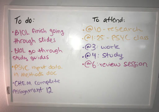 Whiteboard with goals color-coded by class. To do items are on the left, and the author's schedule is on the right.