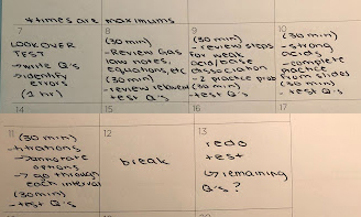 A planner with squares for each day has goals listed in each square along with a 30-60 minute time limit. Goals include tasks like, "Review gas law notes." 