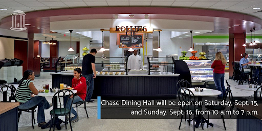 Chase Dining Hall with students sitting outside of the pastry area.