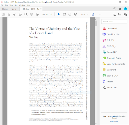 A paper is open in Acrobat, and there is a menu to the right side with options including “Edit PDF” and “Comment.”