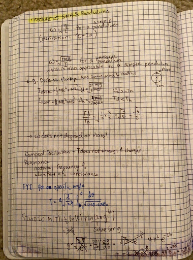 A page from my notebook where I have taken notes for my  Mechanics course.