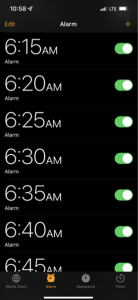 Caption: An example of what alarm setting on a typical day will look like for me.