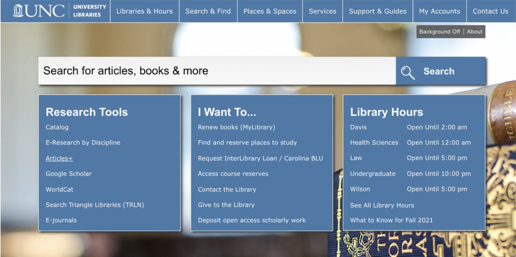 The website home screen for the UNC-Chapel Hill library. 