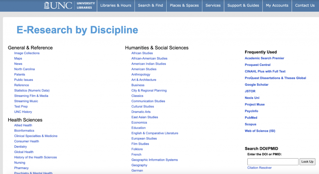 The UNC-Chapel Hill library webpage for E-Research by Discipline. The disciplines are listed according to 1. General and Reference, 2. Health Sciences, and 3. Humanities & Social Sciences. 