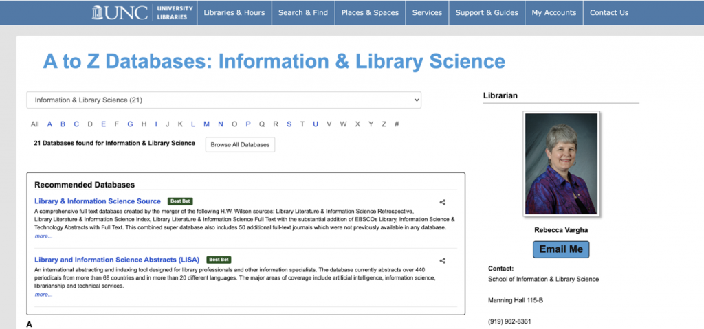 The recommended databases for Information and Library Sciences that the author used to begin their research. 