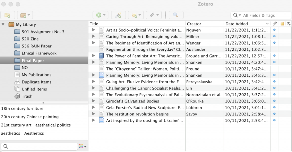 The interface of my Zotero app showing all the paper I collected for this paper. 
