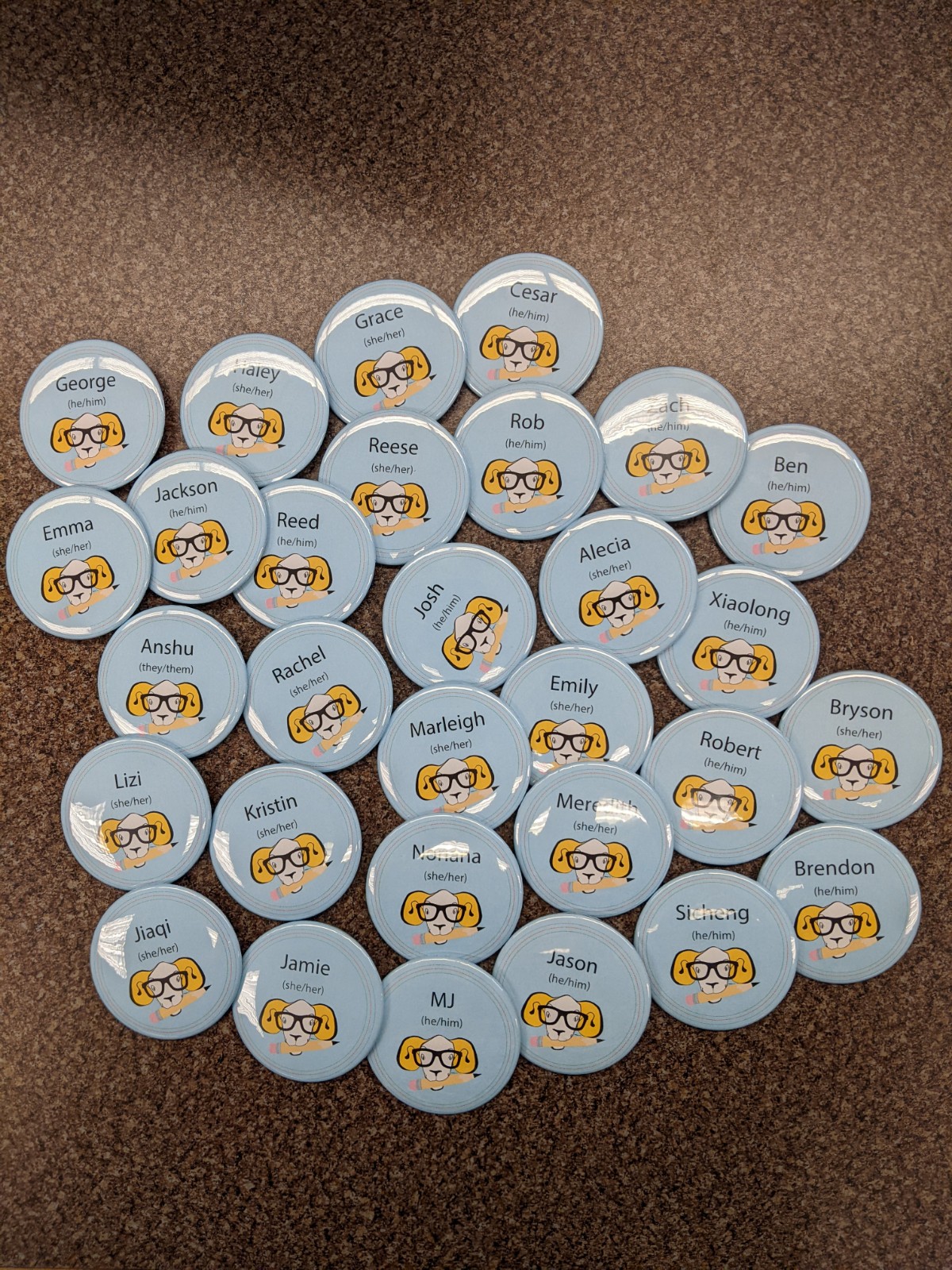 Approximatley two dozen small, circular pins scattered across a table. Each pin is carolina blue and depicts the learning center logo and the name of each peer tutor. 