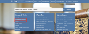 Home page of the UNC Libraries website. The “E-Research by Discipline” and “Articles+” tools are highlighted