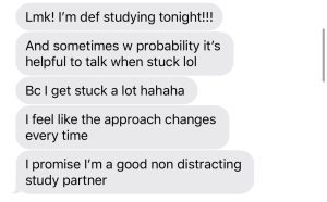Natalie's text thread with Lucia to set up a time to work on problems together. Natalie promises to Lucia that she is a good, collaborative study partner!