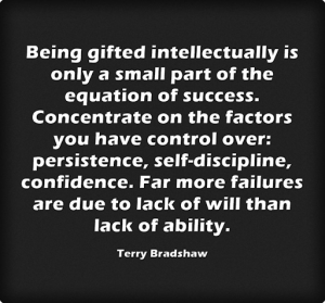 Quote "Being gifted intellectually is only a small part of the equation of success. Concentrate on the factors you have control over; persistence, self-discipline, confidence. Far more failures are due to lack of will than lack of ability." - Terry Bradshaw