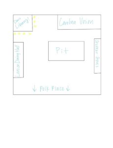 A hand drawn map of the center of UNC's campus. Map showing location of Davis Library relative to Lenoir Dining Hall (southwest), Carolina Union (east), The Pit (south east), Student Stores (southeast), and Polk Place (south)